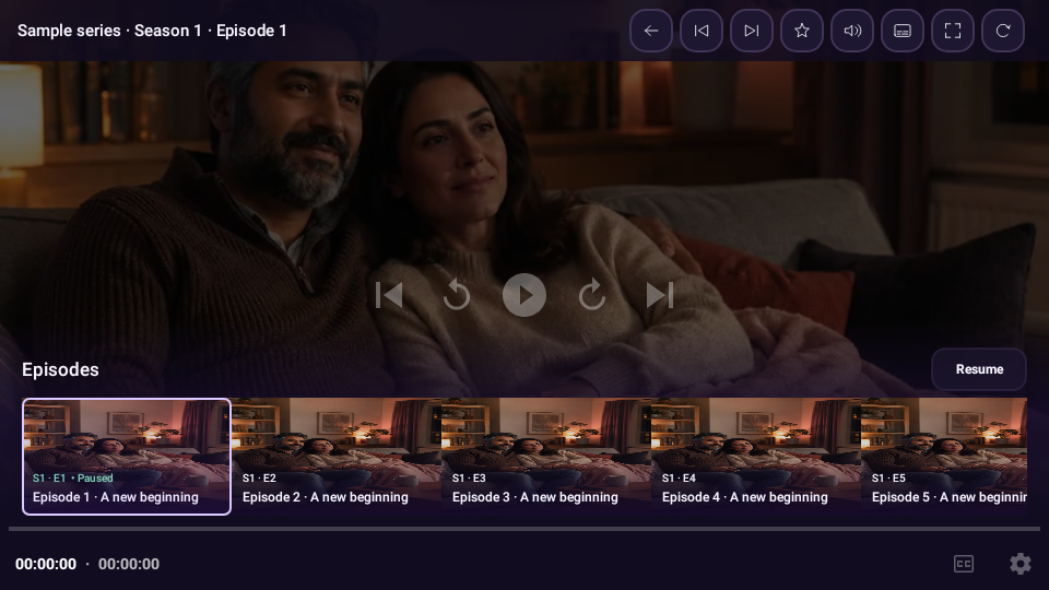 Kensat Player episode browser displayed over paused playback