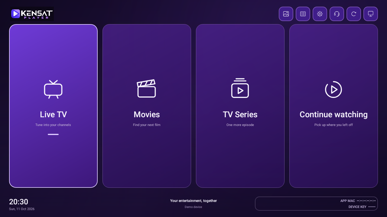 Kensat Player home screen with Live TV, Movies, TV Series and Continue watching