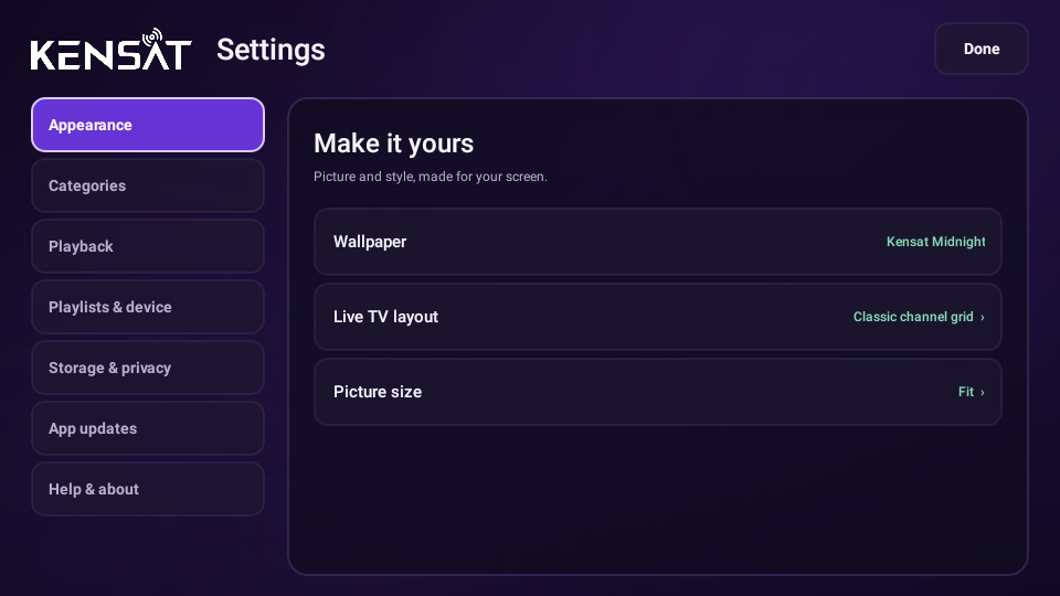 Kensat Player settings on a TV-sized screen